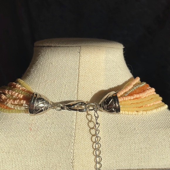 Gorgeous multi strand seed bead necklace in peach, lime, yellow, & silver. - Picture 8 of 12